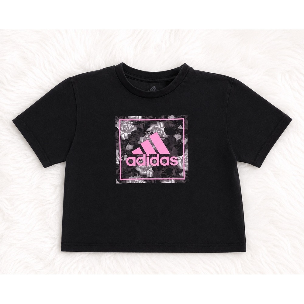 Adidas Women's XS Black Cropped Graphic Tee | Pink Logo Athletic Athleisure Crop